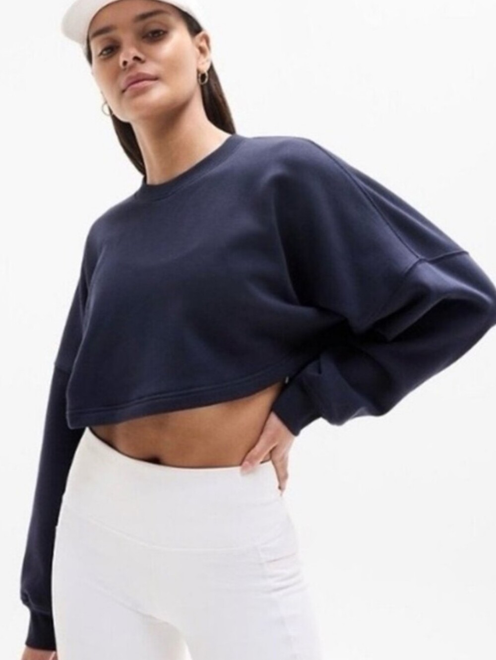 Athleta Navy Super Cropped Dolman Terry Crewneck Sweatshirt XS